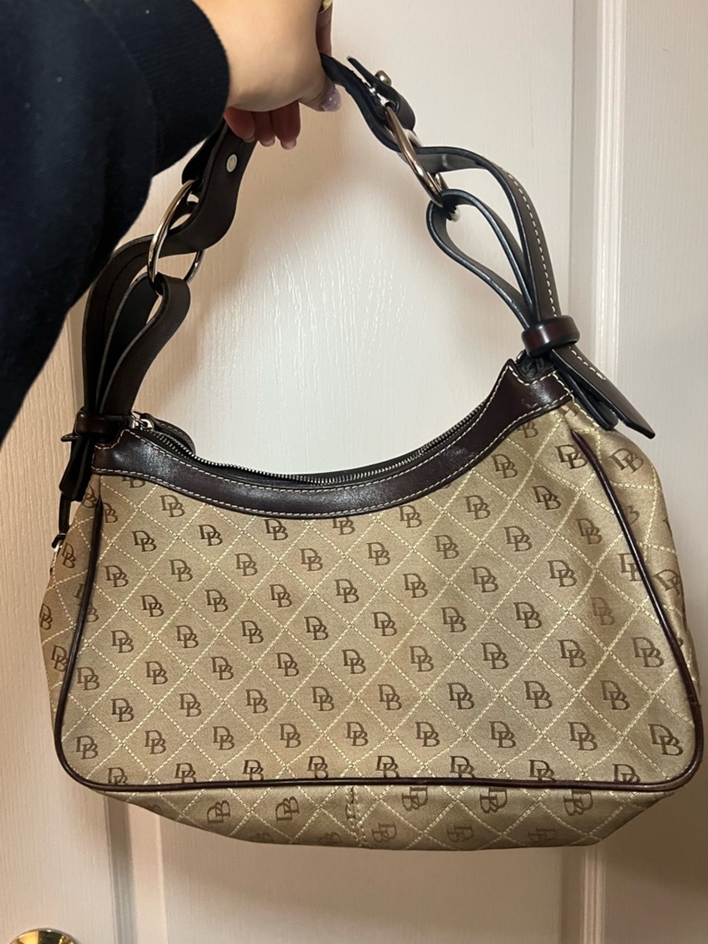 Dooney & Bourke Beige & Brown Signature Canvas Shoulder Bag - Picture 2 of 6